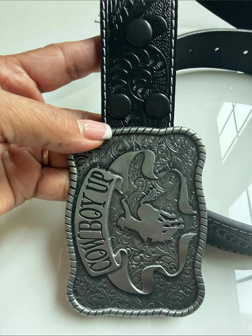 Cowboy Up Western Floral Tooled Black Leather Belt Large XL Silver Trophy Buckle